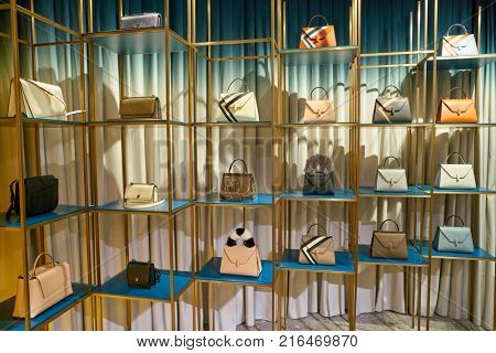 ROME, ITALY - CIRCA NOVEMBER, 2017: Valextra bags on display at a second flagship store of Rinascente in Rome.