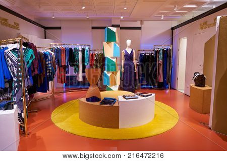 ROME, ITALY - CIRCA NOVEMBER, 2017: Diane Von Furstenberg clothing on display at a second flagship store of Rinascente in Rome.