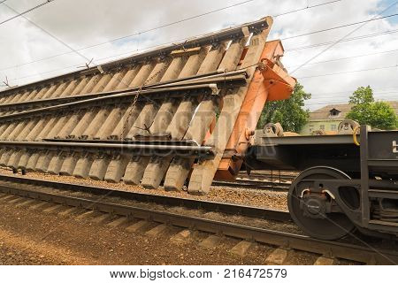 Railway tracklayers ready to lay the rails. Stop before starting work