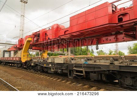 Railway tracklayers ready to lay the rails. Stop before starting work