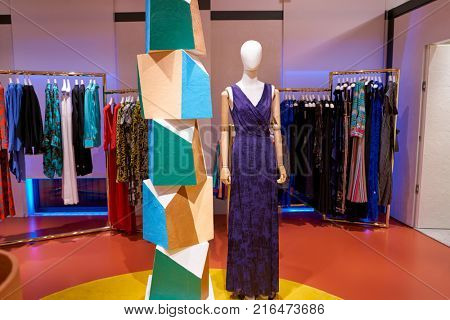 ROME, ITALY - CIRCA NOVEMBER, 2017: Diane Von Furstenberg clothing on display at a second flagship store of Rinascente in Rome.