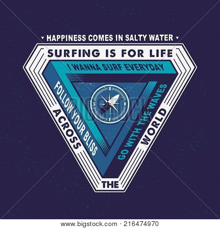 SURFING IS FOR LIFE ACROSS THE WORLD. THE IMAGE WITH OPTICAL EFFECT, AN ILLUSION . Design fashion apparel textured print. T shirt graphic vintage vector illustration badge label logo template.