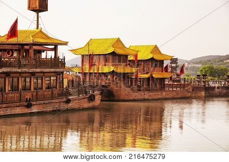 The three kingdoms scenic area replica naval base in the Wuxi China on Tai lake or taihu in Jiangsu province.