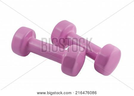 pair of light pink dumbbells for fitness isolated