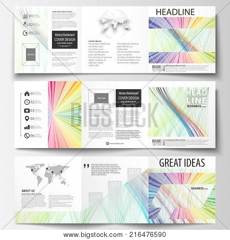Set of business templates for tri fold square brochures. Leaflet cover, flat layout, easy editable vector. Colorful background with abstract waves, lines. Bright color curves. Motion design