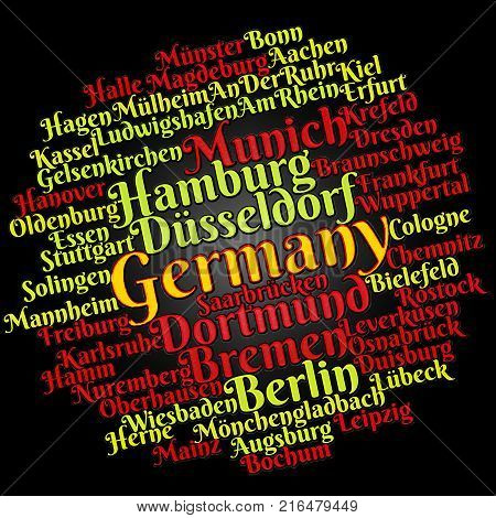 German cities word cloud concept over dark background