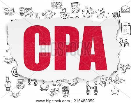 Business concept: Painted red text CPA on Torn Paper background with  Hand Drawn Business Icons