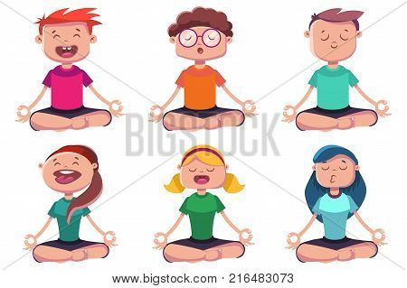 Meditation of young people engaged in yoga. Vector cartoon character set of man and woman sitting in lotus pose.