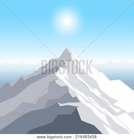 A midday sun over the mountains. Landscape with peak. Mountaineering and traveling and outdoor recreation concept. Abstract background for web, presentations or prints. Vector illustration