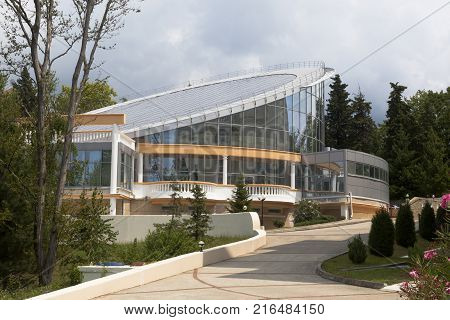Dederkoy, Tuapse District, Krasnodar Region, Russia - July 14, 2013: The building swimming pools in the resort Green Guy