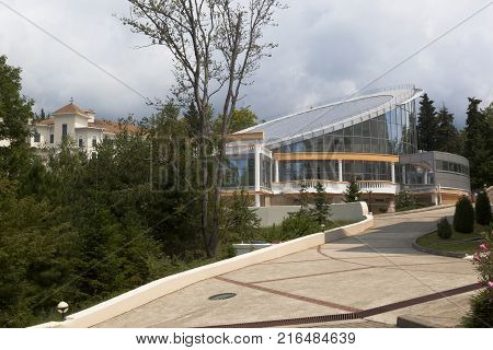 Dederkoy, Tuapse District, Krasnodar Region, Russia - July 14, 2013: The building swimming pools in the resort Green Guy