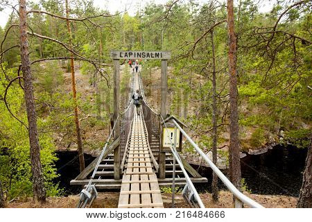 Rope Bridge In The National Park Repovesi, Finland.