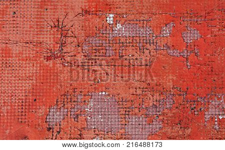 Abstract red and purple background of old vintage grunge colorful wall damaged with defects and different paint layers pattern, close up