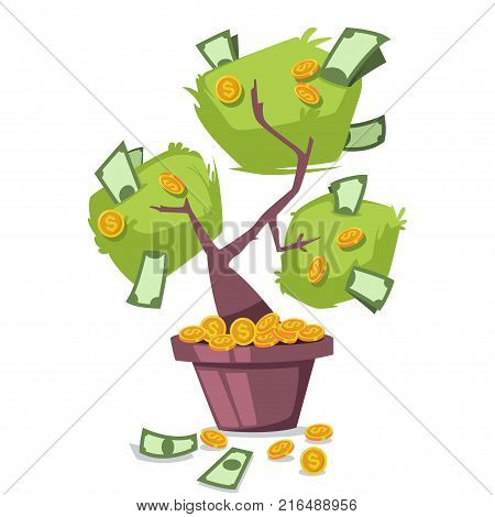 Money tree with dollars and gold coins. Vector cartoon icon isolated on white background.