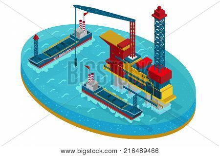 Isometric oil extraction in sea concept with water platform and  ships for petroleum transportation isolated vector illustration