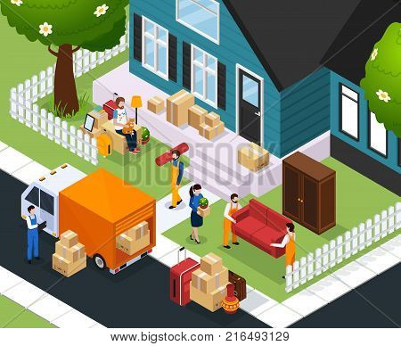 Relocation isometric composition with people and stuffs near house, loading furniture and boxes in truck vector illustration