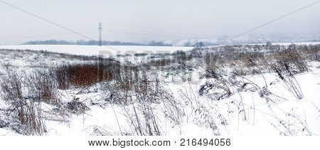 Panoramic winter landscape in countryside of Poland