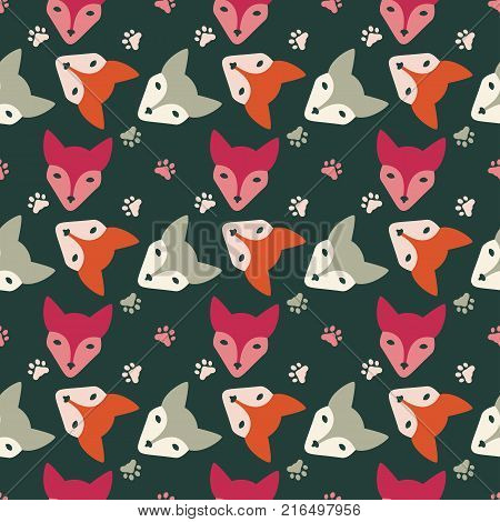 Seamless bright color pattern from the muzzles of foxes and their tracks