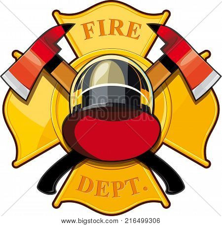 fire department badge with crossed axes, fire helmet against the yellow Maltese cross