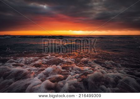 Sea Wave Close Up, Low Angle View, Sunrsie Shot
