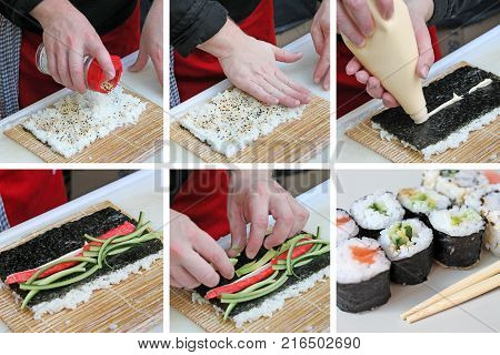 Collage of preparation sushi roll. Master class.