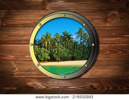 The ship window of palms at Embudu Village Island, Maledives, Indian Ocean