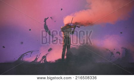 surreal concept of the mystery musician with colored smoke playing a violin, digital art style, illustration painting
