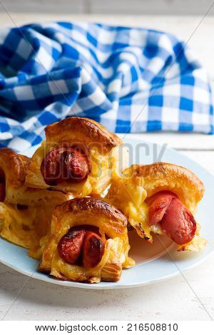 sausages in puff pastry for a breackfast. selective focus