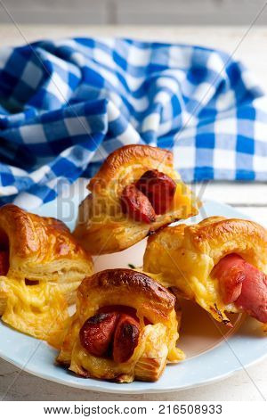 sausages in puff pastry for a breackfast. selective focus