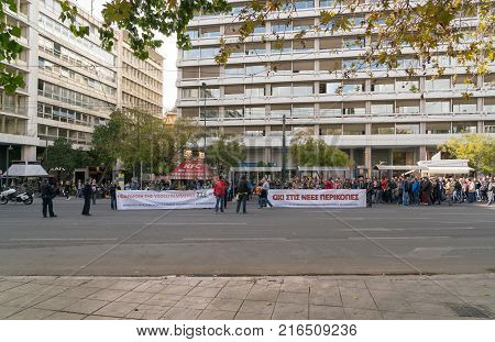 Athens, Greece - November 15, 2017: peaceful protest of aviation industry workers associations near the Sintagmatos Square and the Greek Parliament