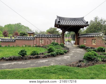 Vienna, Virginia, USA - April 27 2016: Gate to the Korean Bell Garden at Meadowlark Botanical Gardens.