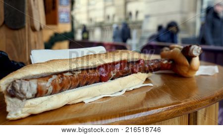 Closeup View German Sausage Bockwurst at Christmas Market.