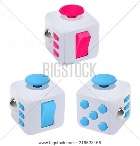 Fidget cube vector illustration. Fidget cube tricks. Badges, labels, banners, advertisements, brochures, business templates. Vector illustration isolated on white background