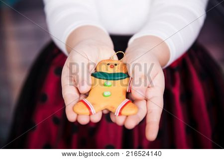Little girl with beautiful Christmas dress holding gingerbred cookie - Christmas concept