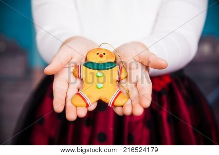 Little girl with beautiful Christmas dress holding gingerbred cookie - Christmas concept