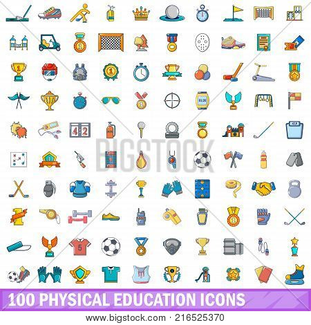 100 physical education icons set. Cartoon illustration of 100 physical education vector icons isolated on white background