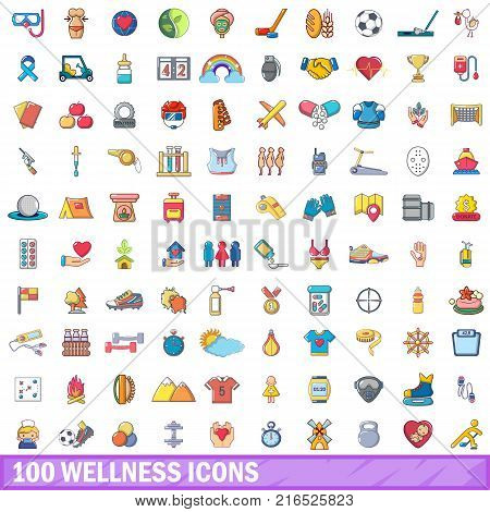 100 wellness icons set. Cartoon illustration of 100 wellness vector icons isolated on white background