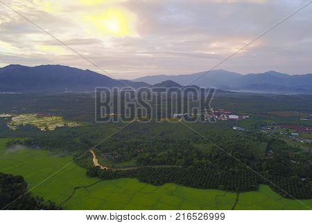 Aerial View Of Mount Baling, With Padding Field View Before Sunrise.