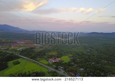 Aerial View Of Mount Baling, With Padding Field View Before Sunrise.