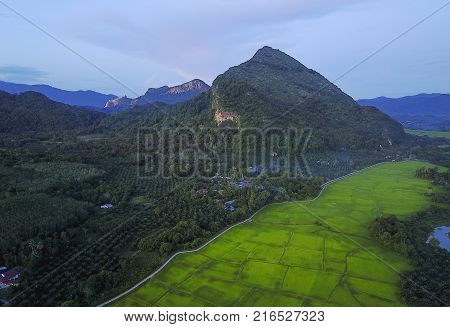 Aerial View Of Mount Baling, With Padding Field View Before Sunrise.