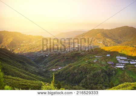 Aerial View Of Mount Baling, With Padding Field View Before Sunrise.