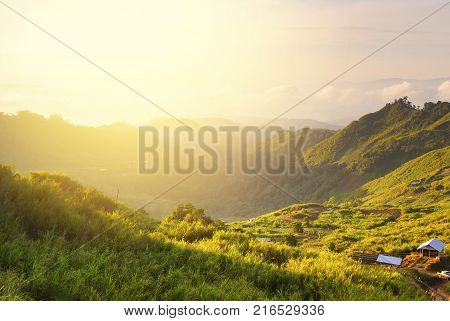 Aerial View Of Mount Baling, With Padding Field View Before Sunrise.