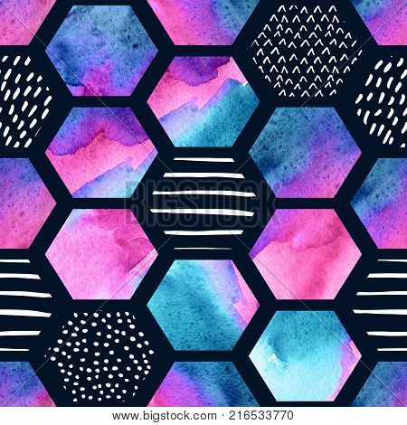 Watercolor hexagon seamless pattern. Abstract geometric background with scribble doodle texture. Geometrical hexagon elements in 80s or 90s. Hand painted illustration in rave colors