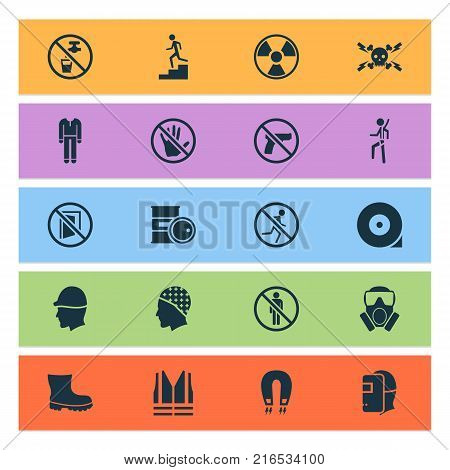Sign icons set with caution, drinkable, mask and other safety harness elements. Isolated vector illustration sign icons.