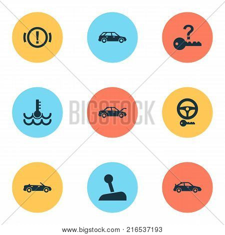 Auto icons set with alert, stick, hatchback and other fixing elements. Isolated vector illustration auto icons.