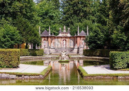 Famous Fountain Hellbrunn surrounded by nice garden, near Salzburg, Austria
