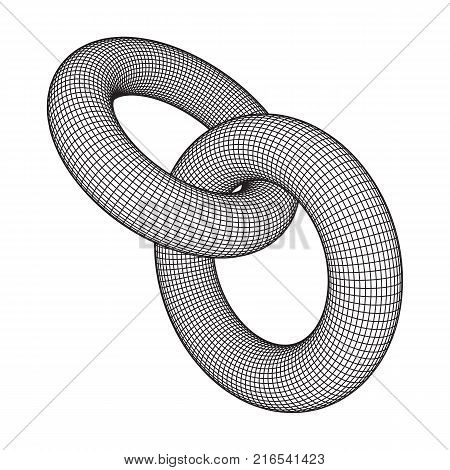 Wireframe polygonal element. 3D Torus chain with lines and dots abstract vector background