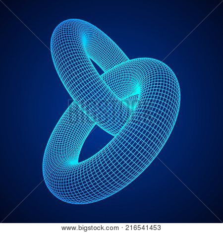 Wireframe polygonal element. 3D Torus chain with lines and dots abstract vector background