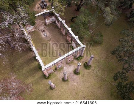 Aerial view of the ruins of Sheldon Church, built in the 1740s in South Carolina