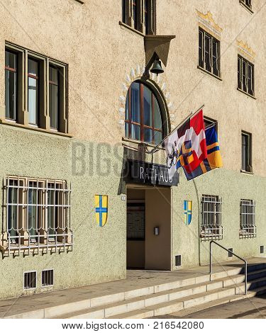 Davos, Switzerland - 26 January, 2017: entrance to the Davos Rathaus building. Davos Rathaus is the main administrative building of the municipality of Davos in the Swiss canton of Grisons (Graubunden).